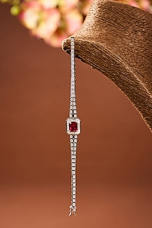White Gold Finish Zircon & Ruby Stone Bracelet In Sterling Silver