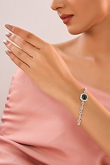 White Gold Finish Zircon & Emerald Stone Bracelet In Sterling Silver