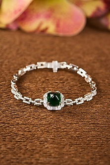 White Gold Finish Zircon & Emerald Stone Bracelet In Sterling Silver