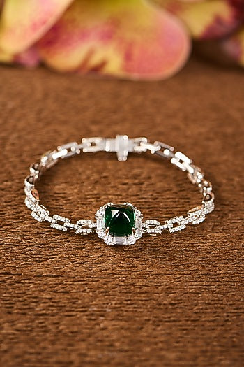 White Gold Finish Zircon & Emerald Stone Bracelet In Sterling Silver