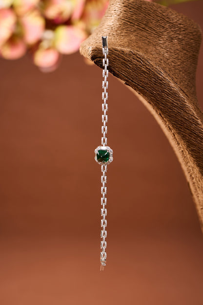 White Gold Finish Zircon & Emerald Stone Bracelet In Sterling Silver