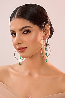 White Gold Finish Eurostar Zircon & Emerald Stone Hoop Earrings In Sterling Silver