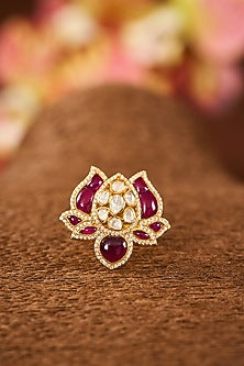 Yellow Gold Finish Moissanite Polki & Ruby Stone Ring In Sterling Silver