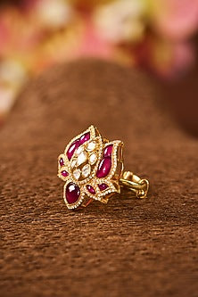 Yellow Gold Finish Moissanite Polki & Ruby Stone Ring In Sterling Silver
