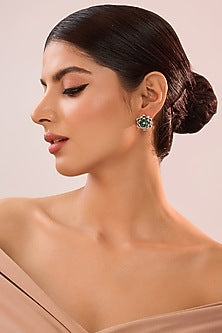 White Gold Finish Eurostar Zircon & Emerald Stone Stud Earrings In Sterling Silver