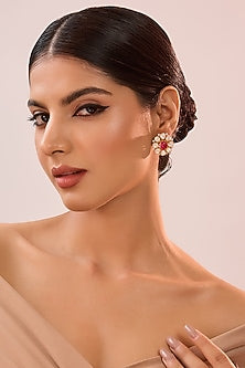 Yellow Gold Finish Moissanite Polki & Ruby Stone Stud Earrings In Sterling Silver