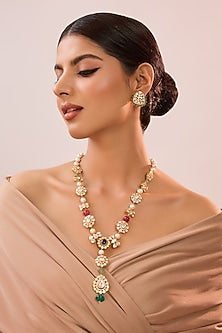 Yellow Gold Finish Moissanite Polki & Emerald Stone Long Necklace Set In Sterling Silver