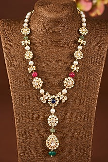 Yellow Gold Finish Moissanite Polki & Emerald Stone Long Necklace Set In Sterling Silver