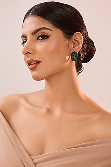 Black Rhodium Finish Eurostar Zircon & Emerald Stone Hoop Earrings In Sterling Silver