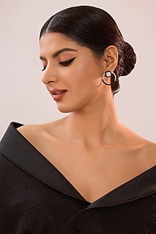 White Gold Finish Eurostar Zircon Black Enameled Detachable Stud Earrings