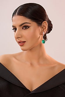 White Gold Finish Eurostar Zircon & Emerald Stone Black Enameled Dangler Earrings In Sterling Silver