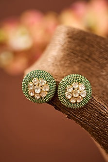 Yellow Gold Finish Moissanite Polki & Emerald Stone Stud Earrings In Sterling Silver