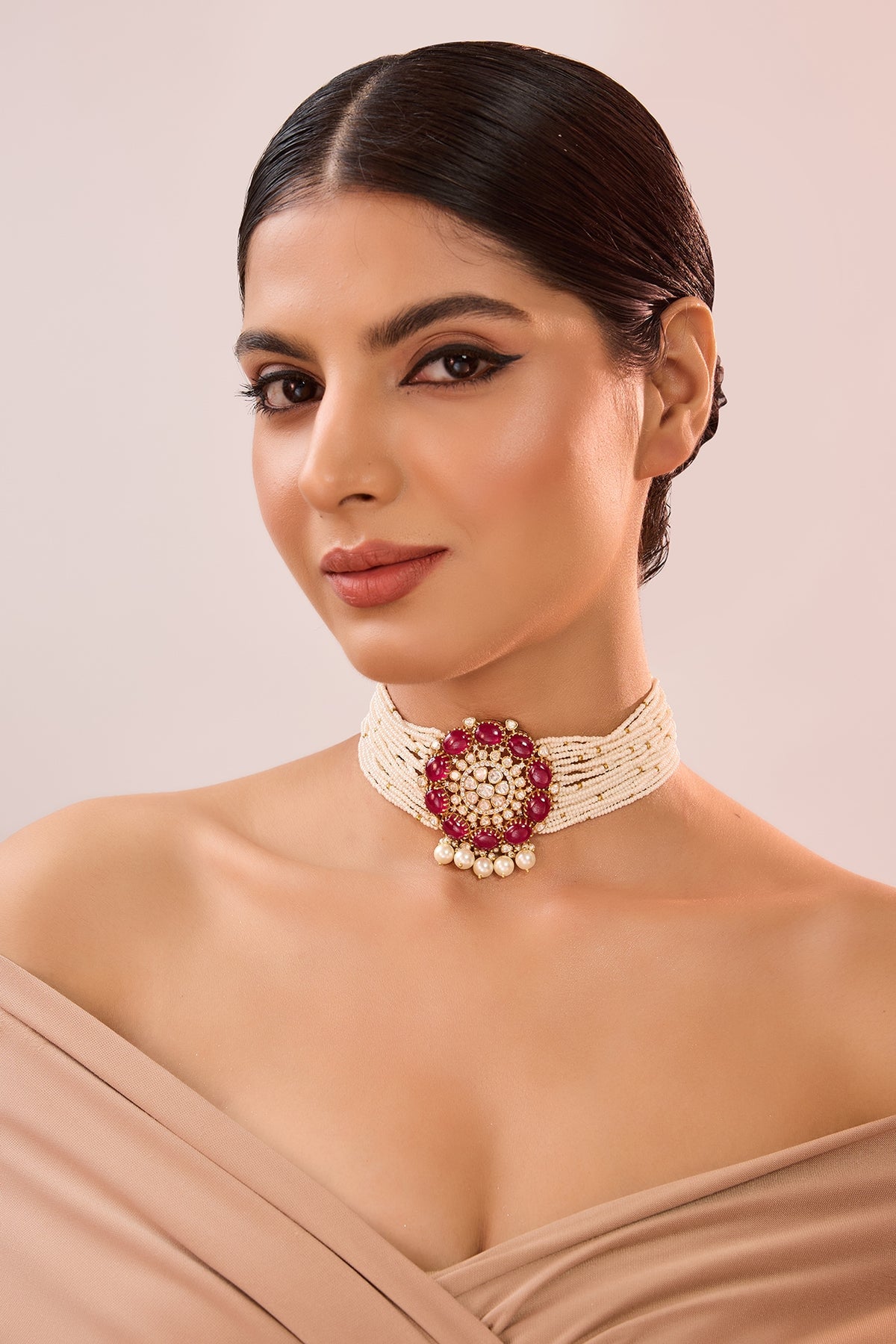 Yellow Gold Finish Moissanite Polki & Ruby Stone Choker Necklace In Sterling Silver