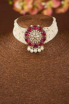 Yellow Gold Finish Moissanite Polki & Ruby Stone Choker Necklace In Sterling Silver