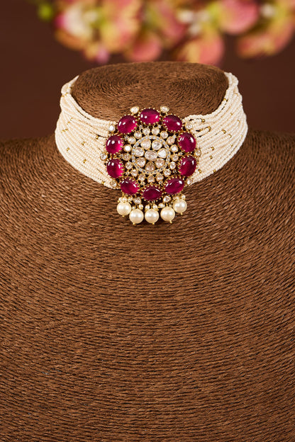 Yellow Gold Finish Moissanite Polki & Ruby Stone Choker Necklace In Sterling Silver