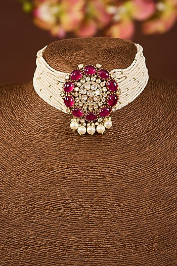 Yellow Gold Finish Moissanite Polki & Ruby Stone Choker Necklace In Sterling Silver