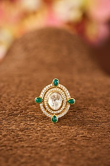 Yellow Gold Finish Moissanite Polki & Glass-Filled Emerald Stone Adjustable Ring In Sterling Silver