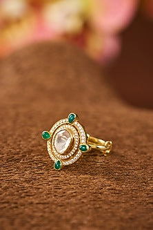 Yellow Gold Finish Moissanite Polki & Glass-Filled Emerald Stone Adjustable Ring In Sterling Silver
