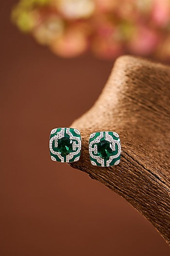 White Gold Finish Eurostar Zircon & Emerald Stone Stud Earrings In Sterling Silver