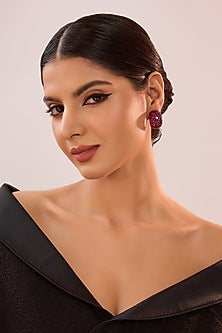 Black Rhodium Finish Eurostar Zircon & Ruby Stone Hoop Earrings In Sterling Silver
