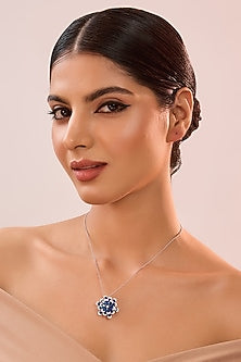 White Gold Finish Eurostar Zircon & Blue Sapphire Stone Necklace Cum Brooch In Sterling Silver