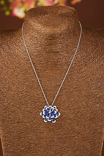 White Gold Finish Eurostar Zircon & Blue Sapphire Stone Necklace Cum Brooch In Sterling Silver