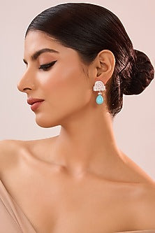 White Gold Finish Eurostar Zircon & Turquoise Stone Dangler Earrings In Sterling Silver