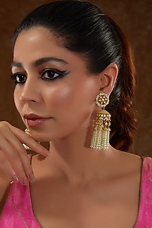 Gold Finish Moissanite Polki & Freshwater Pearl Dangler Earrings In Sterling Silver