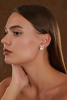 Gold Finish Moissanite Polki & CZ Stud Earrings In Sterling Silver