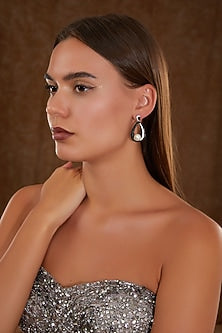 White Gold Finish Zircon & Black Onyx Dangler Earrings In Sterling Silver