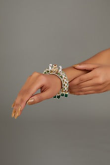 Gold Finish Peacock Motif & Green Beaded Bangle