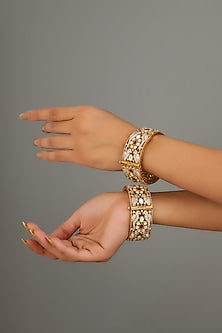 Gold Finish Kundan Polki & Zircon Bangle (Set Of 2)
