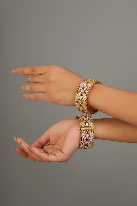 Gold Finish Kundan Polki & Zircon Bangle (Set Of 2)