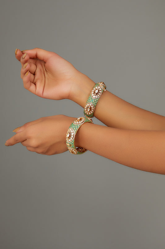 Gold Finish Kundan Polki & Green Stone Enameled Bangle (Set of 2)