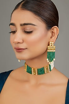 Gold Finish Green & White Beaded Choker Necklace Set
