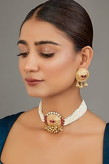 Gold Finish Temple motifs & Pearl Choker Necklace Set