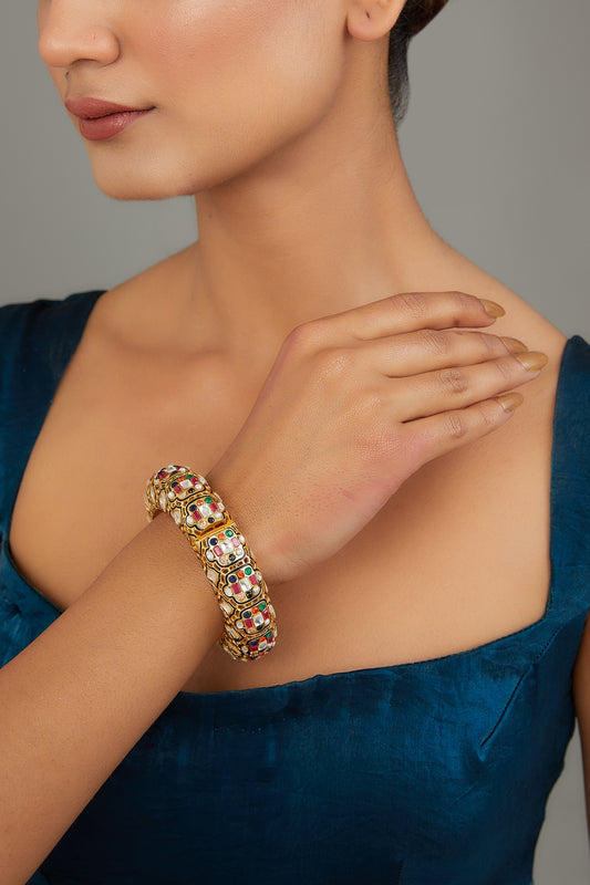 Gold Finish Kundan Polki & Multi-Colored Stone Bangle