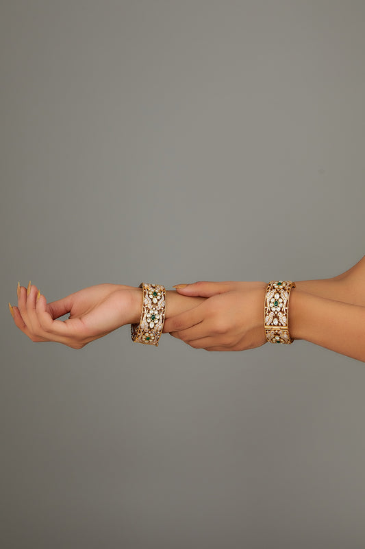 Gold Finish Kundan Polki & Zircon Temple Bangles (Set of 2)