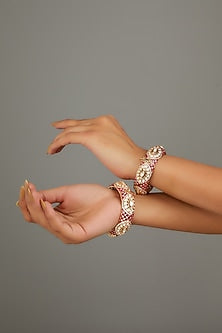 Gold Finish Kundan Polki Red Enameled Bangles (Set of 2)