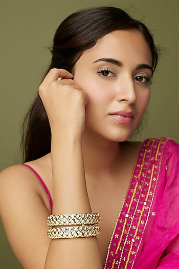Gold Finish Kundan Polki Bangles (Set Of 2)