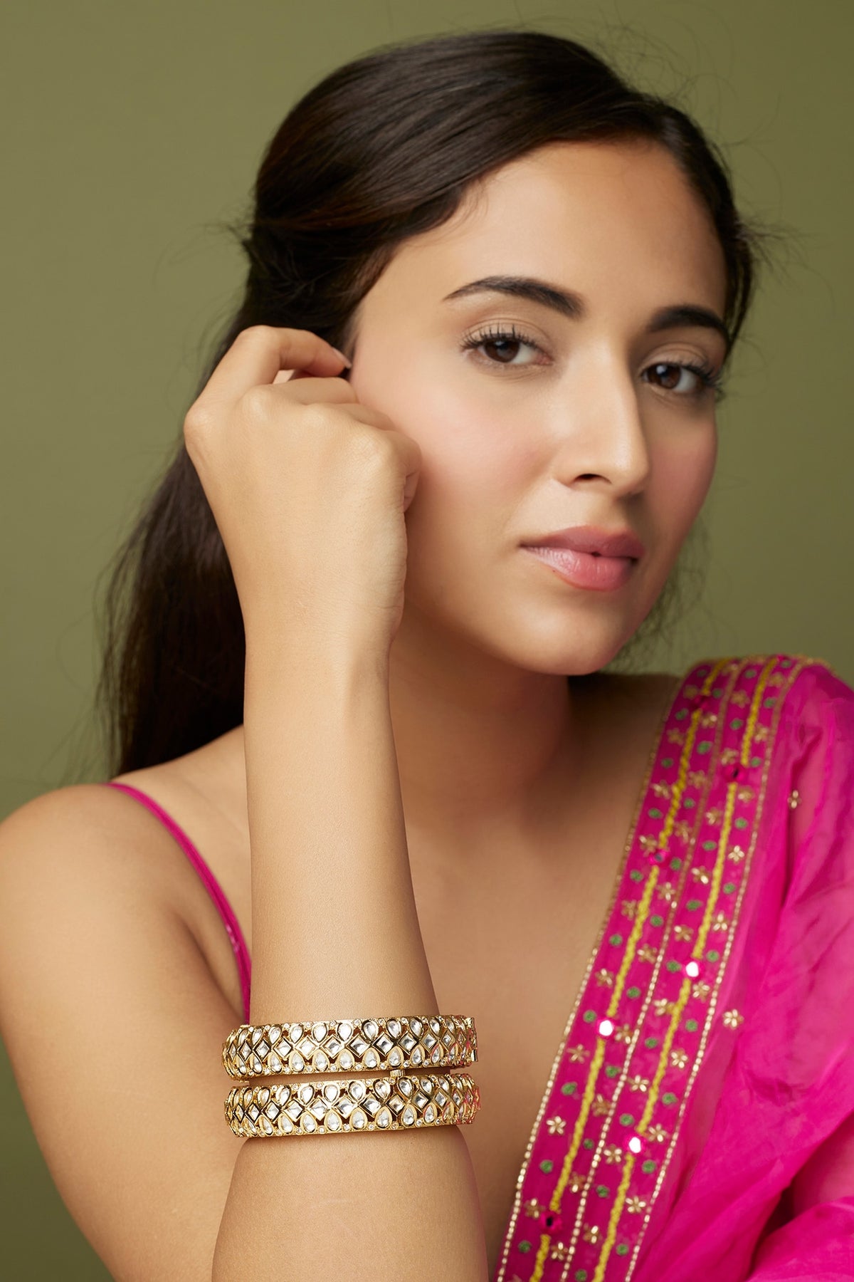 Gold Finish Kundan Polki Bangles (Set Of 2)
