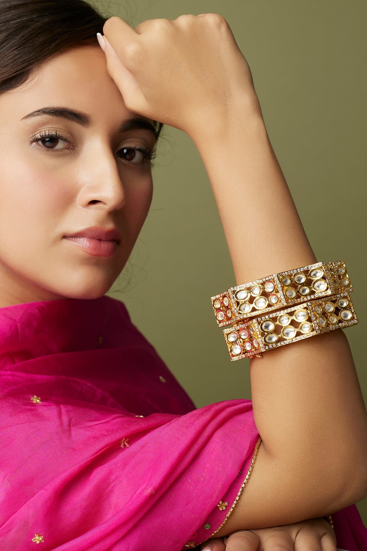 Gold Finish Bangles With Kundan Polki (Set Of 2)