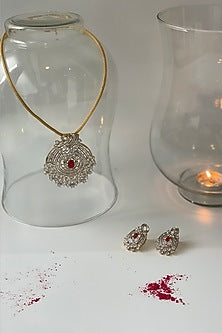 Gold Finish Red Kundan Polki Long Pendant Necklace Set