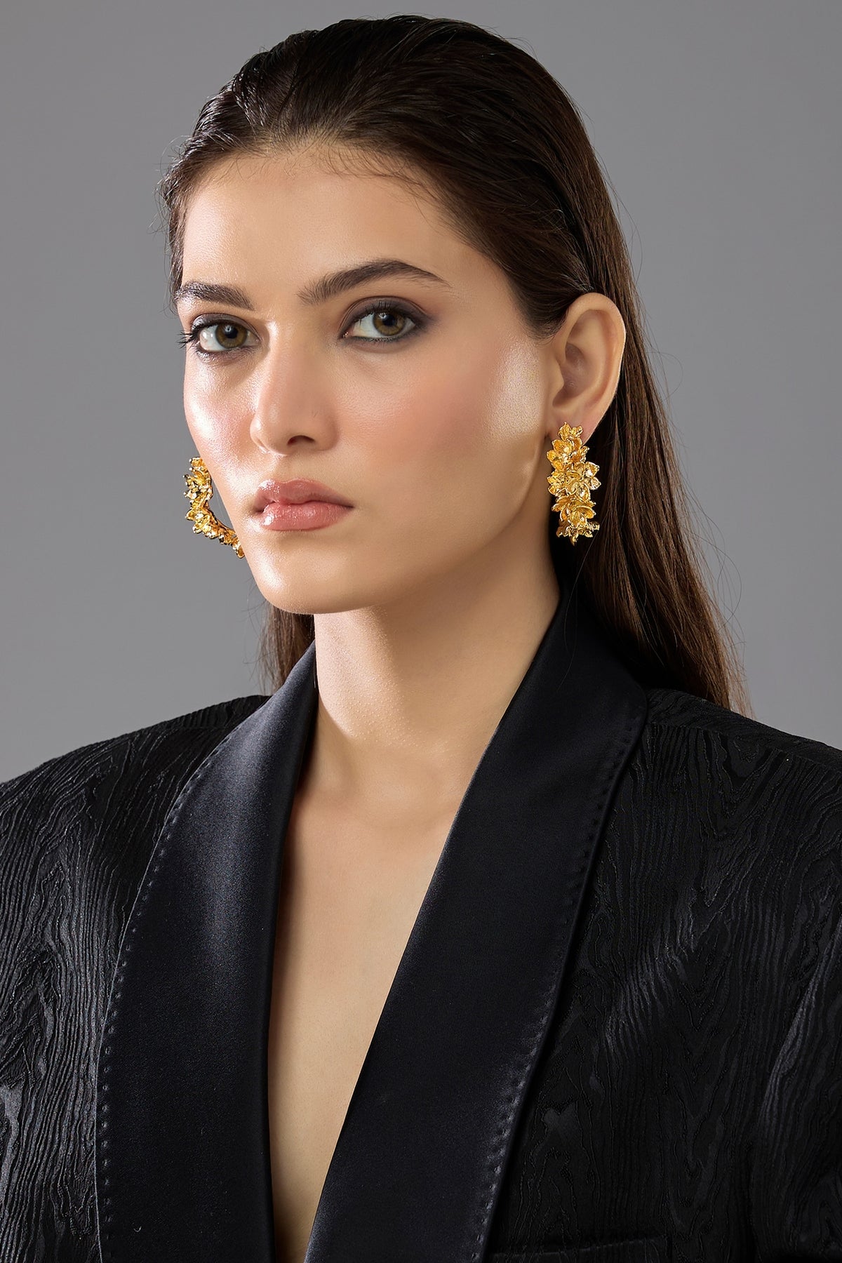 Gold Finish Blossom Hoop Earrings