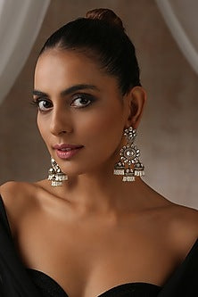 Two Tone Victorian Finish Grey Kundan Polki Jhumka Earrings
