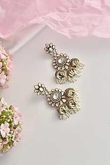 Two Tone Victorian Finish Grey Kundan Polki Jhumka Earrings