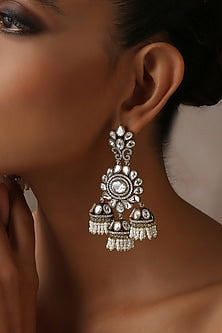 Two Tone Victorian Finish Grey Kundan Polki Jhumka Earrings