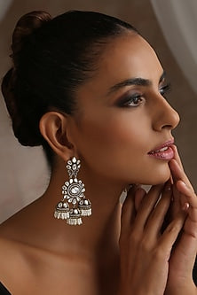 Two Tone Victorian Finish Grey Kundan Polki Jhumka Earrings
