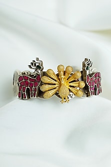 Two Tone Finish Red Enameled Openable Cuff In Sterling Silver
