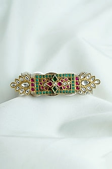 Gold Finish Kundan Polki Enameled Cuff In Sterling Silver